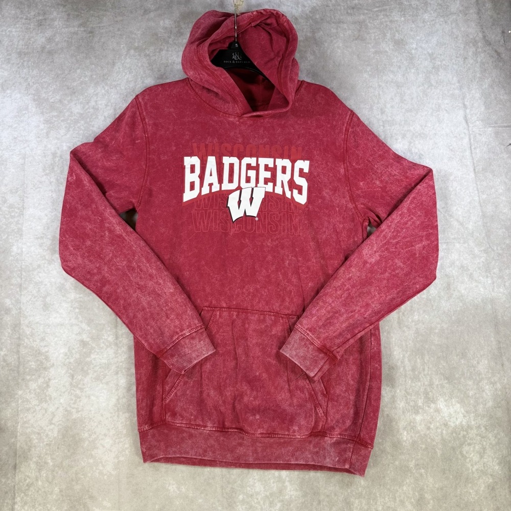 Wisconsin Badgers Hoodie Youth Large 14-16 Red Acid Wash‎ Sweatshirt Pullover
